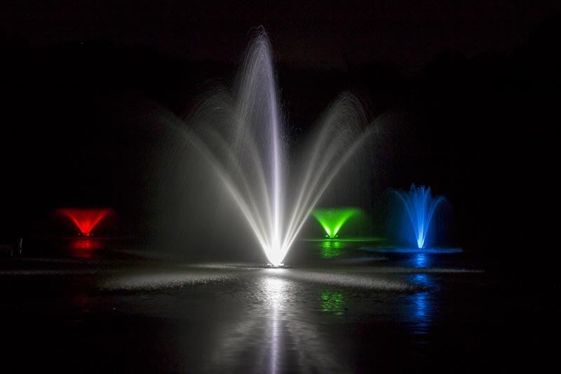 Olympus Fountains lit up at night